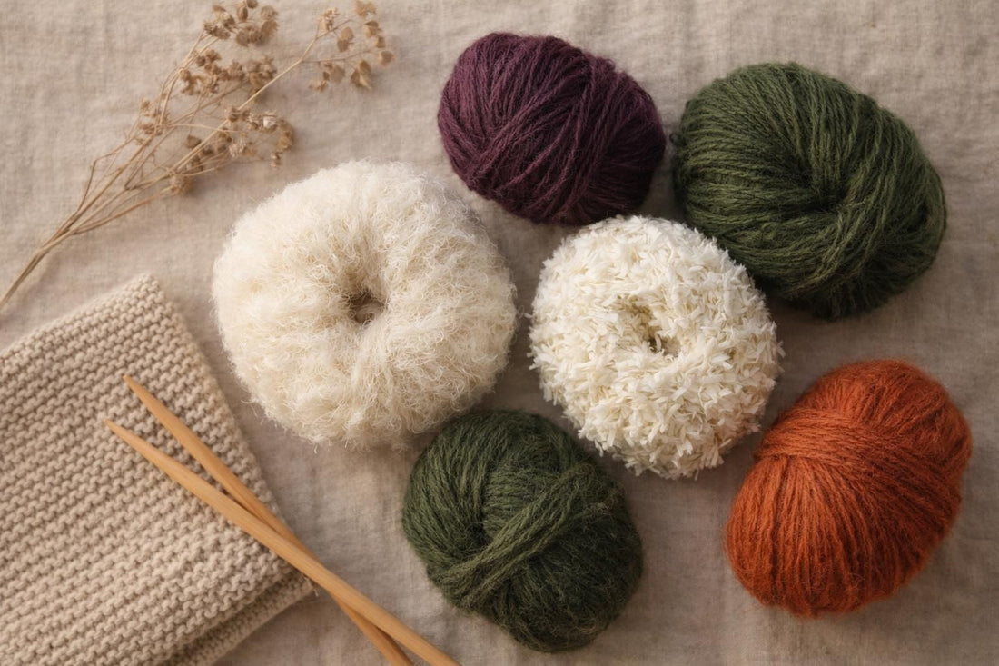 Flat-lay photograph of yarn skeins and knitting needles — La texture, maille après maille : FLUFFY et SALSA