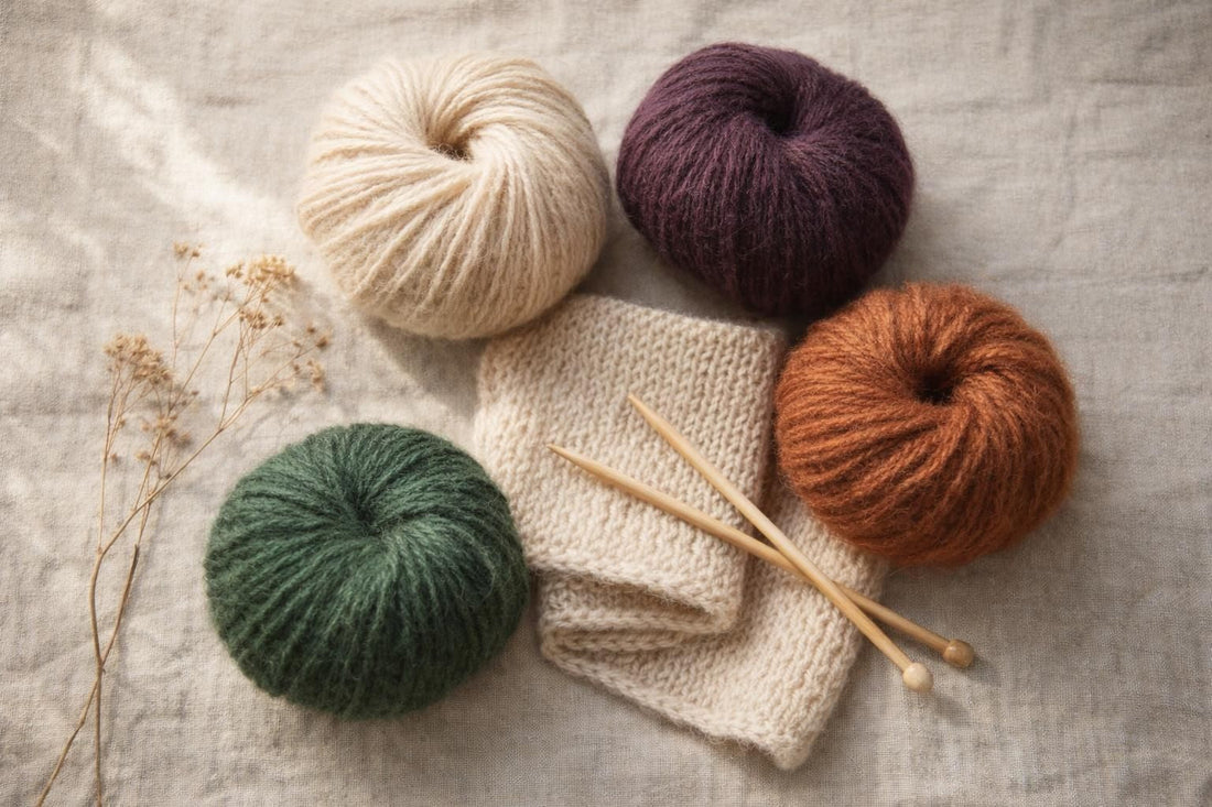 Photo à plat de pelotes de laine et d'aiguilles à tricoter — MOHAIR LUXE, LACE ou ZEN : trois compagnons naturels pour l’hive
