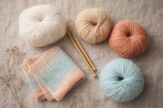 Photo à plat de pelotes de laine et d'aiguilles à tricoter — sabrina 08-2026 : quatre modèles avec Lang Yarns