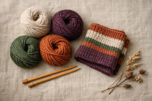 Photo à plat de pelotes de laine et d'aiguilles à tricoter — 7048 Chaussettes de Noël : modèles de tricot et de crochet