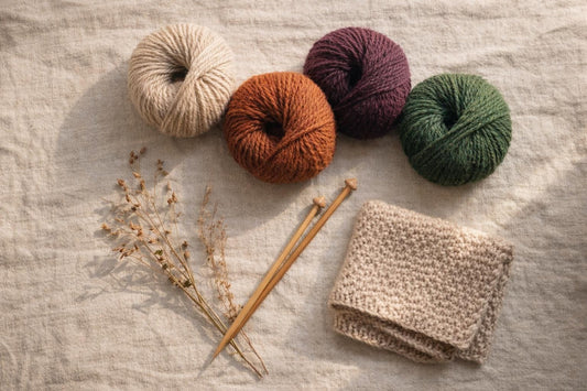 Photo à plat de pelotes de laine et d'aiguilles à tricoter — Publications et modèles actuels de Lang Yarns