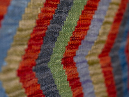 A close up of a multicolored quilt